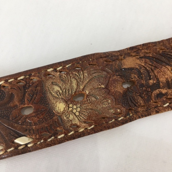 Vintage Made In The USA Brown Tooled Leather Belt Western Floral Distressed - Picture 5 of 10